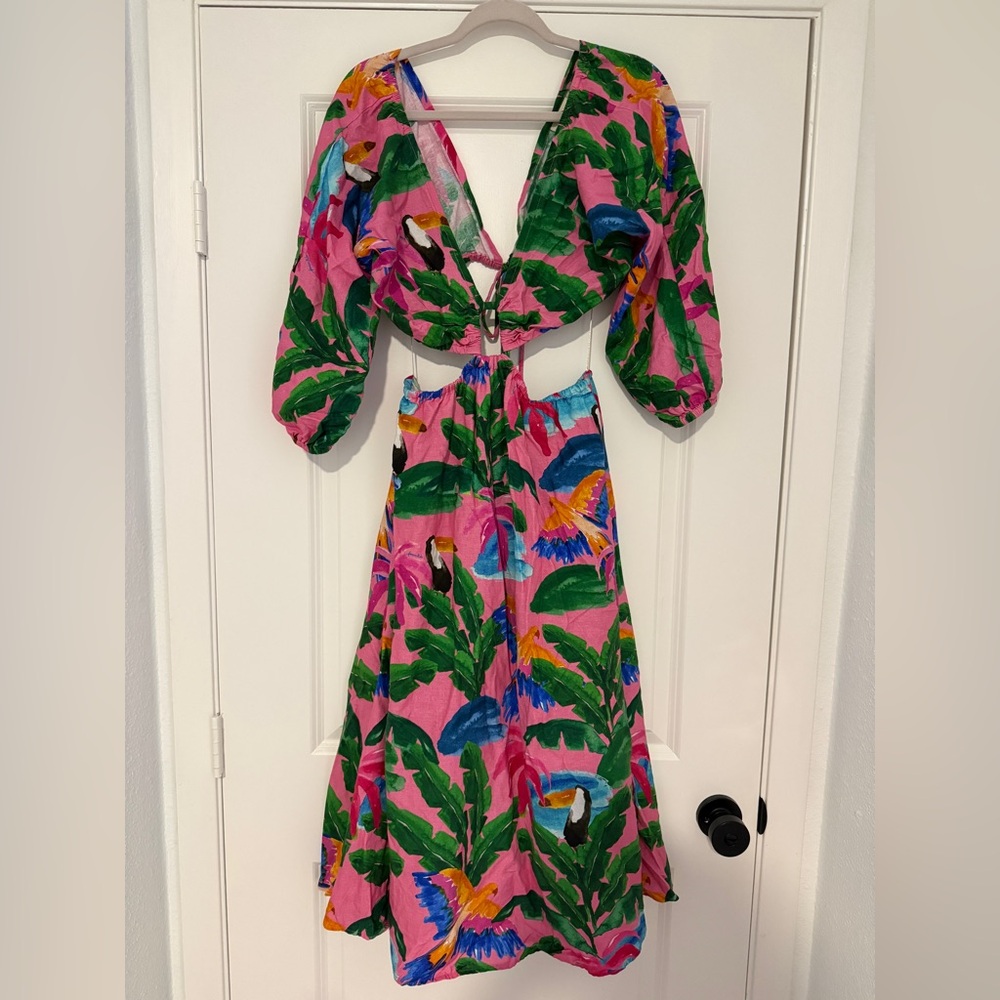 Farm Rio Pink Maxi Dress with Green Leaf & Blue Accent Print